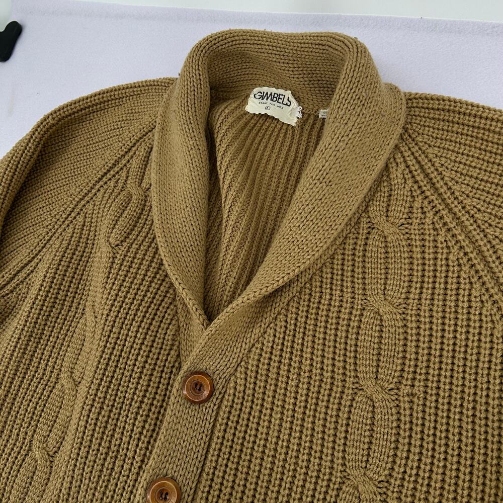 VTG 80s Men's Tan Gimbels Shawl Collar 100% Acrylic Knit Sweater Cardigan Sz L - Picture 2 of 7